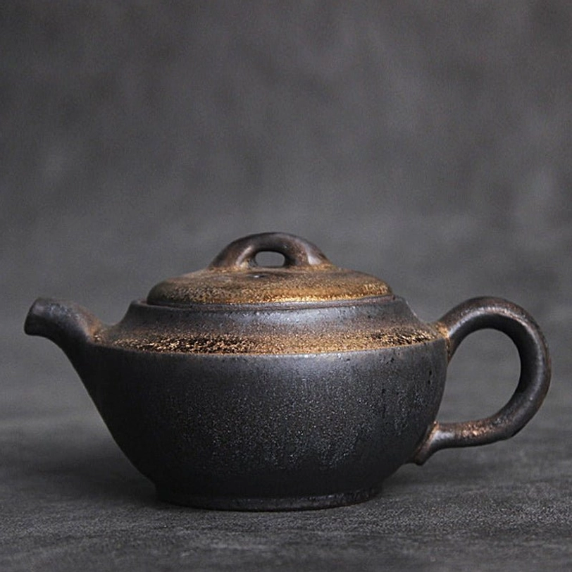 190ml rustic gilded ceramic teapot with infuser side view