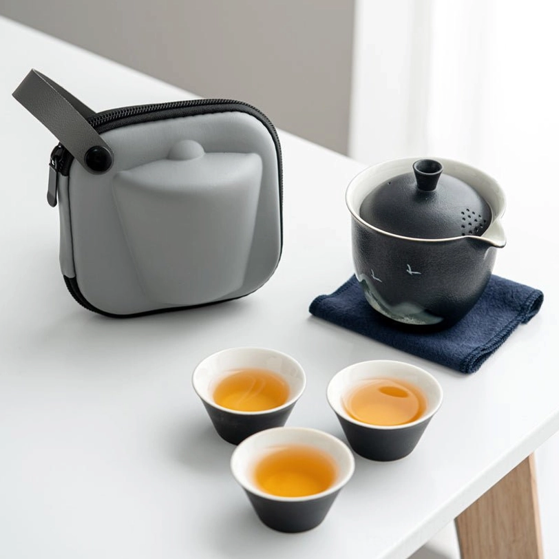 full complete 200ml black ceramic travel tea set with carrying case