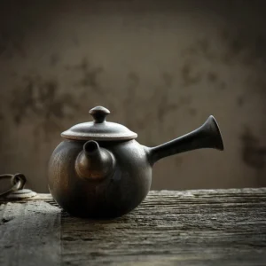 full side view of 200ml dark ceramic kyusu teapot with infuser