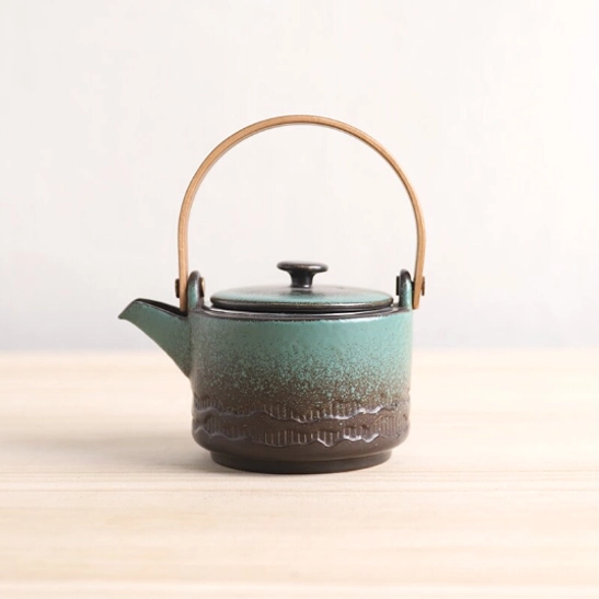200ml gradient green ceramic teapot with wooden handle and metal infuser main view