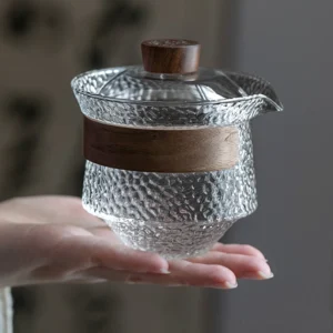 full set view of 200ml hammered glass gaiwan tea set with wood trim