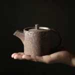 200ml iron rust glaze ceramic teapot with infuser held in hand for size reference