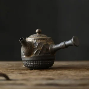 full side view of 200ml retro side handle teapot with infuser bronze textured