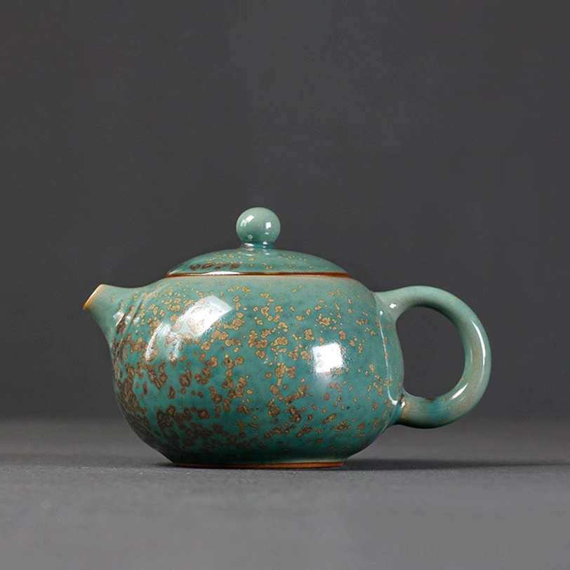 full view of 200ml speckled green ceramic teapot with infuser
