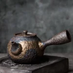 full product side view of 220ml textured ceramic kyusu teapot with infuser
