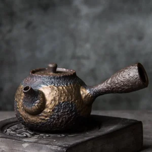 full product side view of 220ml textured ceramic kyusu teapot with infuser