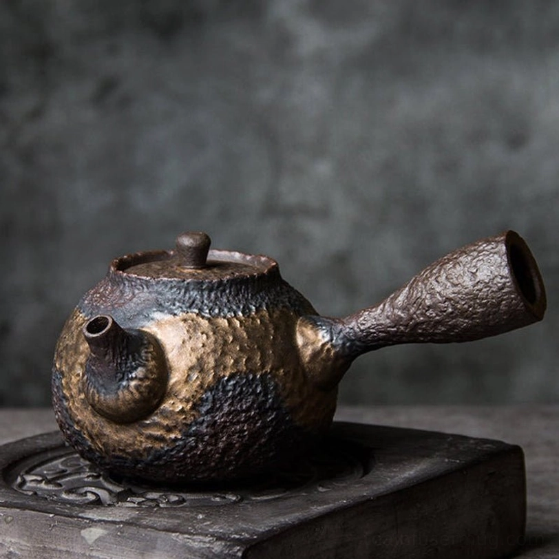 full product side view of 220ml textured ceramic kyusu teapot with infuser