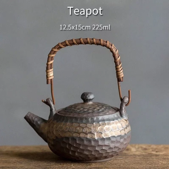 225ml hammered ceramic teapot with wicker handle front view