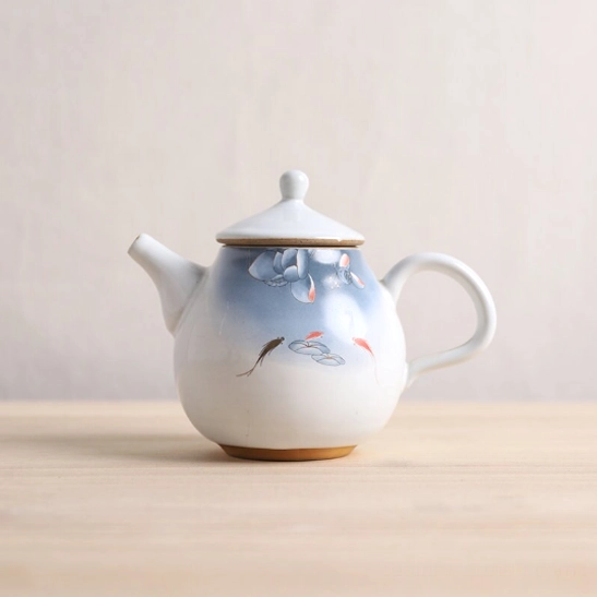 Style A white ceramic Chinese teapot 250ml with hand painted lotus motif