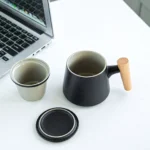 300ml ceramic tea infuser mug with lid and wood handle full product view