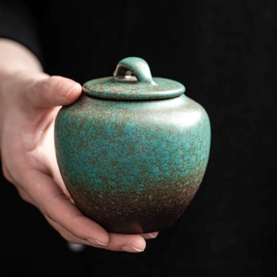 300ml gradient blue green ceramic sealed tea storage canister front view