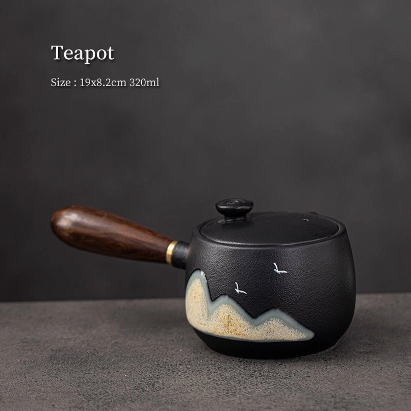 full view of 320ml black ceramic side handle teapot with landscape pattern