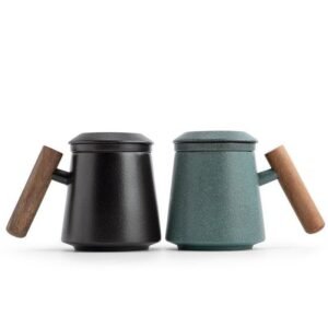 full side view of 320ml ceramic tea mug with infuser and wooden handle