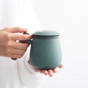 full view of 350ml minimalist ceramic tea infuser mug with wood handle