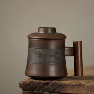 full view of 350ml ceramic tea infuser mug with wood handle and lid