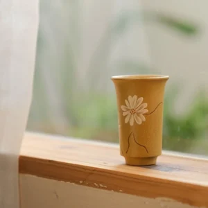 35ml sand yellow zisha gongfu tea cup with white daisy floral pattern