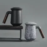 all three color variants of 12oz ceramic tea infuser mug with wood handle