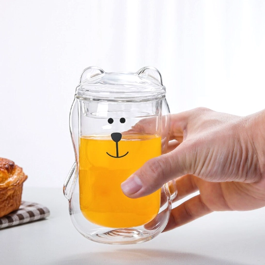 3D bear double wall glass tea infuser mug with fruit drink side view