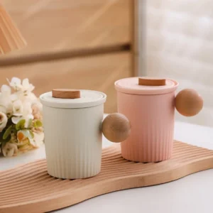 400ml full view ceramic loose leaf tea mug with infuser lid and wood handle