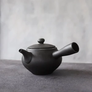 full view of 500ml black ceramic kyusu teapot with infuser