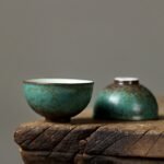 front view of 50ml green rustic ceramic kung fu tea cup