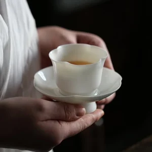 full set view of 60ml petal edge chinese white porcelain tea cup and saucer