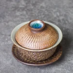 65ml textured brown ceramic gaiwan tea cup with kiln change lid knob