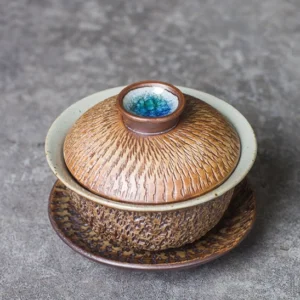 65ml textured brown ceramic gaiwan tea cup with kiln change lid knob