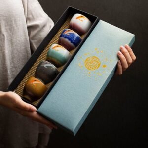 full product shot of 90ml hand-painted Chinese ceramic tea cup set in gift box
