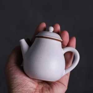 90ml small white ceramic teapot with built-in infuser held in hand