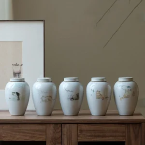 Full view of airtight ceramic cat design tea storage canister