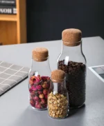airtight clear glass tea storage canister with natural cork lid full product view