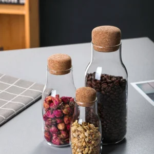 airtight clear glass tea storage canister with natural cork lid full product view