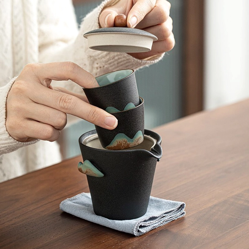 All components of 200ml portable travel tea set laid out