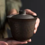 Full product view of antique bronze glaze Chinese gaiwan tea cup