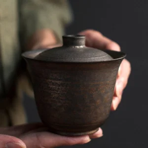 Full product view of antique bronze glaze Chinese gaiwan tea cup
