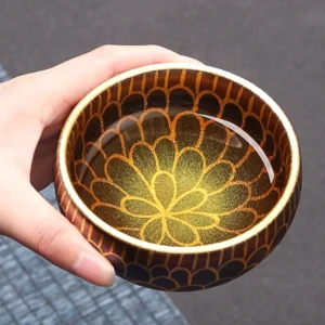 Authentic Jianzhan Chinese tea cup gold floral pattern top view