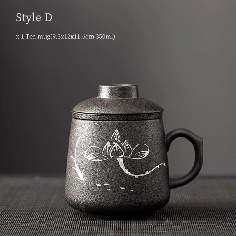 bamboo design matte black ceramic tea infuser mug with traditional chinese painting