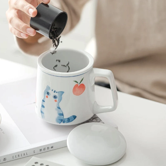 base view of cat peach ceramic tea infuser mug with size measurement