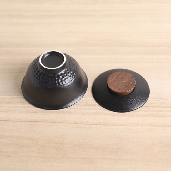 base view of gaiwan tea cup showing wooden saucer bottom