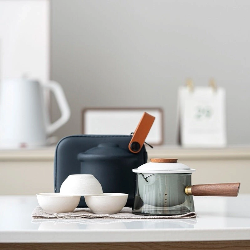 beige travel tea set 200ml glass porcelain portable gong fu cha