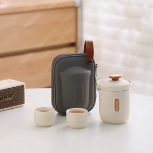 beige 300ml travel tea set with teapot two cups and carry bag