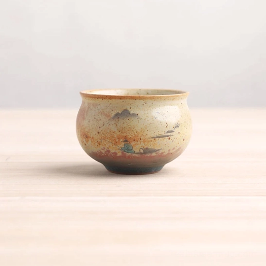 cream-beige chinese ceramic tea cup with hand-painted landscape motif 100ml