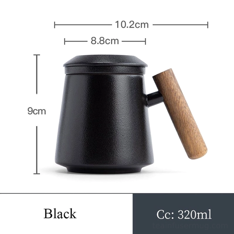 black 10.8oz ceramic tea infuser mug complete with lid and wooden handle
