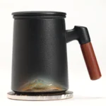 black 15oz ceramic tea infuser mug with 304 stainless steel strainer and bamboo handle