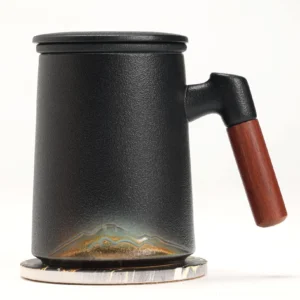 black 15oz ceramic tea infuser mug with 304 stainless steel strainer and bamboo handle