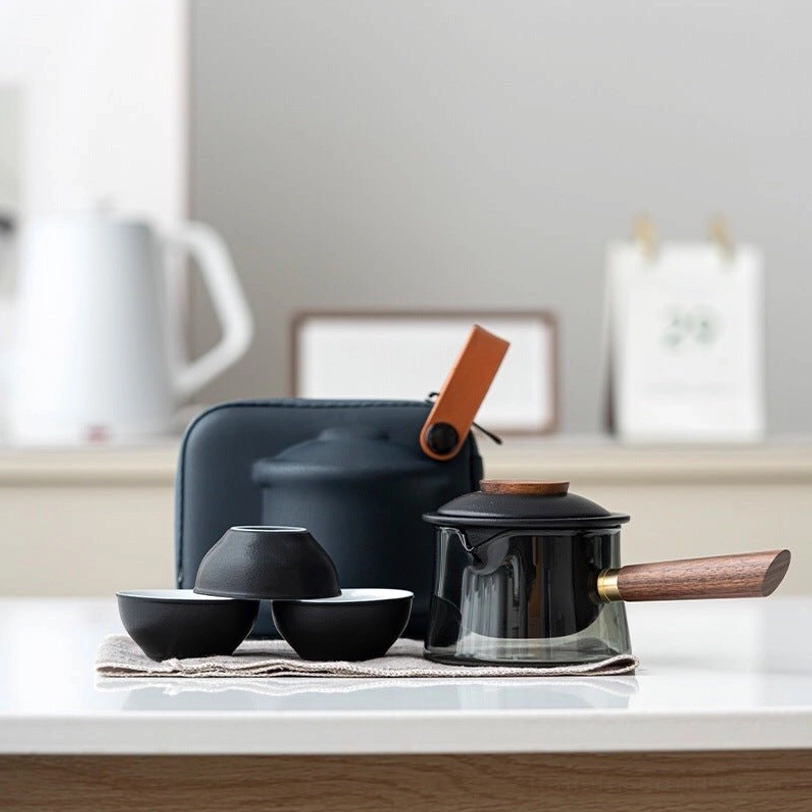 black travel tea set 200ml with teapot cups and tea tray