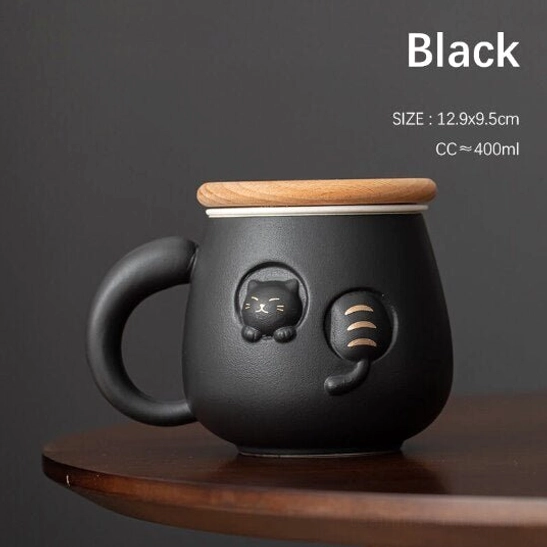 black 3d cat ceramic tea infuser mug with infuser and wood lid
