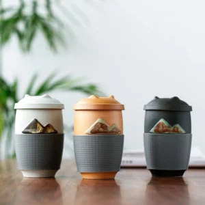 black 3d mountain ceramic tea infuser mug with lid and silicone grip