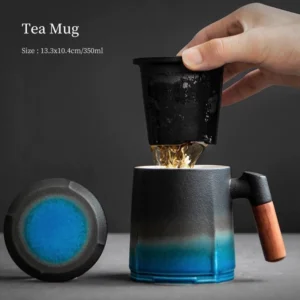 full set black blue gradient ceramic tea infuser mug with infuser and lid